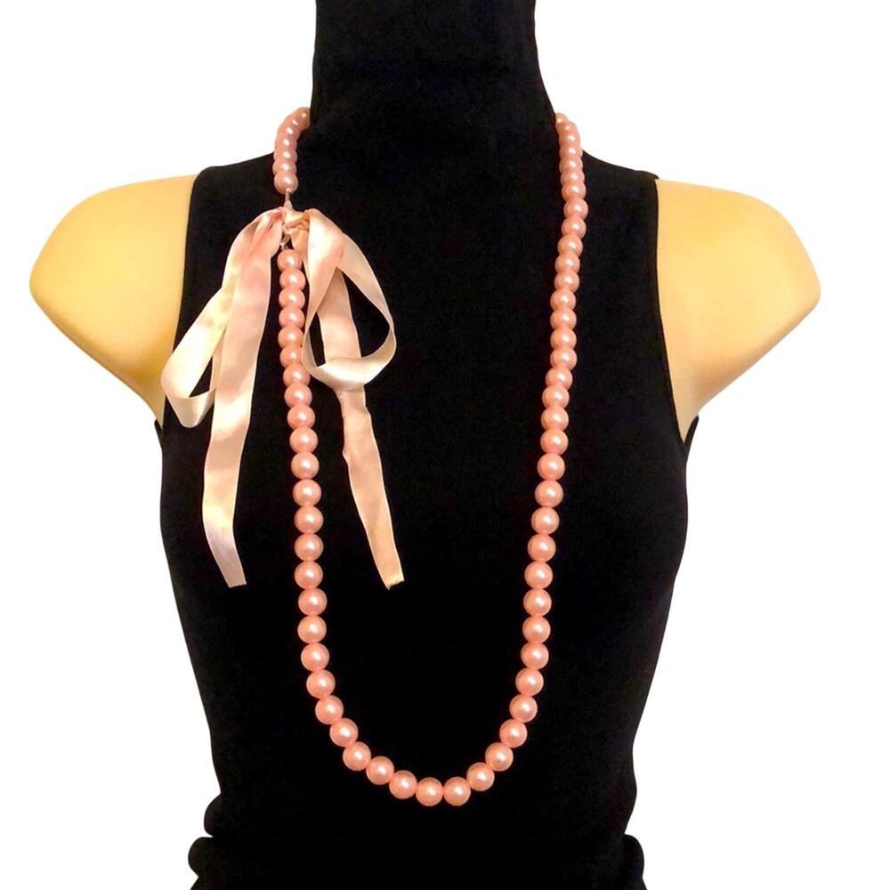 Pink Faux Pearl Beaded Fashion Necklace Ribbon Tie Costume Jewelry